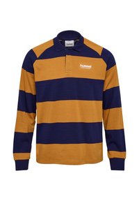 Langærmet rugby skjorte med brede vandrette navy og sennepstriber, krave og "hummel SPORTSWEAR" logo på venstre bryst.