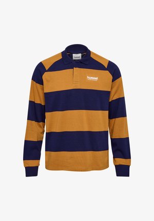 Langsleeve rugbyshirt met brede horizontale marineblauwe en mosterdgele strepen, kraag en het "hummel SPORTSWEAR" logo op de linkerborst.
