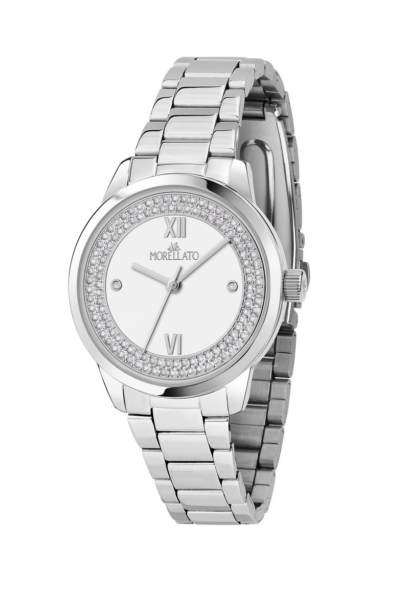 Orologio in acciaio inox argentato con cassa rotonda, quadrante bianco, indicatori numerali romani e un ghiera decorata con cristalli trasparenti.