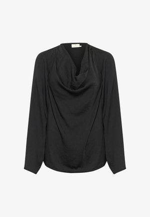Svart långärmad topp med en cowl-neck design, tillverkad av lättviktigt material, har mjuk textur och en draperad front.