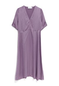 Purple, knee-length dress made of soft, lightweight fabric. Features a V-neck and short, flowy sleeves with a relaxed fit.