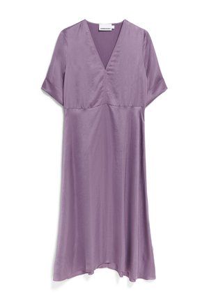 Lila, knielanges Kleid aus weichem, leichtem Stoff. Hat einen V-Ausschnitt und kurze, fließende Ärmel mit einem lockeren Schnitt.