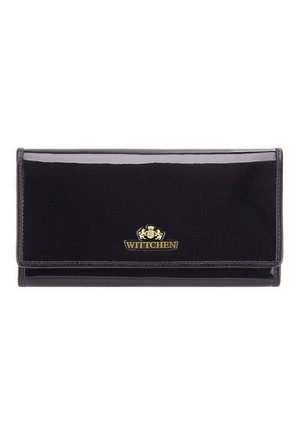 Portefeuille en cuir verni noir avec un design pliable, logo doré embossé sur le devant et texture lisse et propre.