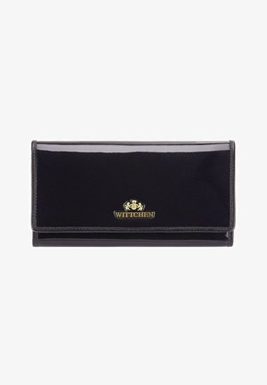 Portafoglio in pelle lucida nera con design a piega, logo in hardware dorato a rilievo sul davanti e texture pulita e liscia.