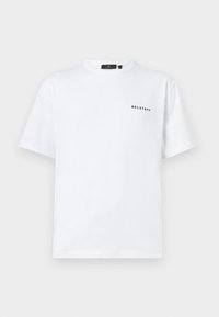 White crew neck short-sleeve t-shirt with small black "BELSTAFF" text logo on the left chest.