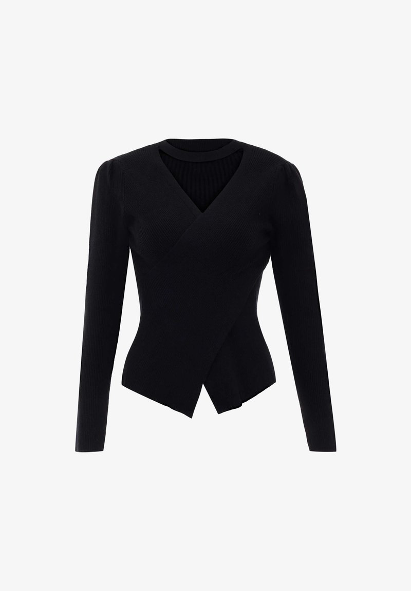 Zwarte geribbelde gebreide top met lange mouwen, een diepe V-hals en kruisontwerp, aansluitende pasvorm en textiel met textuur.