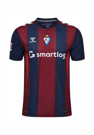 Kortærmet fodboldtrøje med lodrette navy og bordeaux striber, holdlogo, hummel-logo og smartlog sponsor på forsiden.