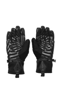 Sorte handsker med et tekstureret mønster, der har et spiralformet design. Fremstillet af syntetiske materialer med justerbare remme ved håndleddet for pasform.