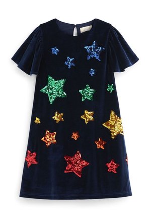 Robe en velours navy avec des manches courtes froncées, décorée d'étoiles en sequins colorés en vert, bleu, jaune, rouge et orange.