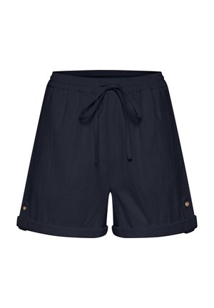 Námornícke modré šortky s elastickým pásom a šnúrkou. Ohnuté lemy s gombíkmi v zlatej farbe po stranách. Ľahký materiál.