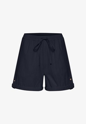 Pantalones cortos azul marino con cintura elástica y cordón. Dobladillos con botones en tono dorado a los lados. Tejido ligero.