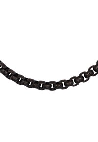 Collier en chaîne en métal avec une finition antique et sombre. Comprend des maillons ovales entrelacés avec une texture lisse et un léger éclat.