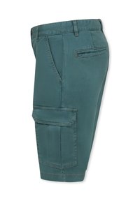 Shorts cargo teal avec une poche latérale, fermeture éclair et bouton, et des détails cousus, fabriqués dans un tissu lisse et léger.