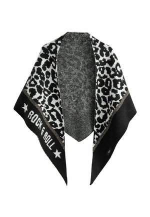 Sciarpa in bianco e nero con stampa leopardata e testo "ROCK & ROLL" sul bordo, con una texture morbida e forma triangolare.