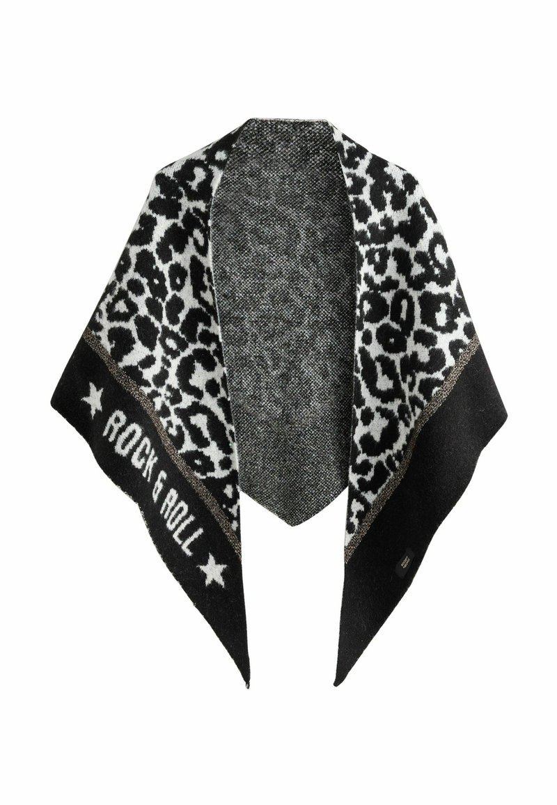 Sort og hvid sjal med leopardprint og "ROCK & ROLL" tekst på kanten, med blød tekstur og trekantet form.