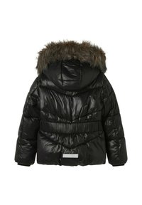 Veste matelassée noire avec capuche bordée de fourrure, texture matelassée, taille élastique et accent réfléchissant à l'arrière.