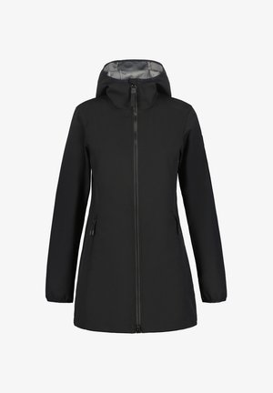 Chaqueta impermeable negra con capucha, que cuenta con un cierre frontal completo, dos bolsillos laterales y una textura lisa y mate.