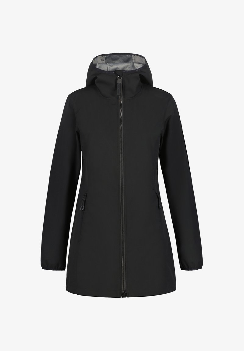 Black waterproof jacket with a hood, featuring a full front zipper, two side pockets, and a smooth, matte texture.