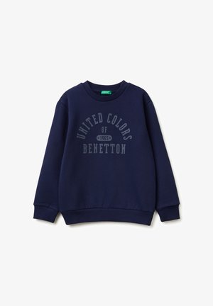 Felpa blu navy con colletto rotondo, polsini e orlo a coste, caratterizzata da una stampa grafica centrale con il testo: "UNITED COLORS OF BENETTON 1965."
