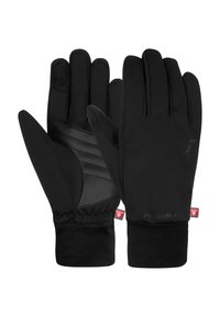 Black gloves made of soft, textured fabric with a solid finish. Features a patterned grip palm and elastic cuffs with branding accents.