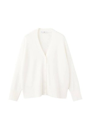 Biely pletený kardigán s véčkovým výstrihom, päť gombíkov vpredu a rebrovanými manžetami a lemom. Mäkká textúra a uvoľnený strih.