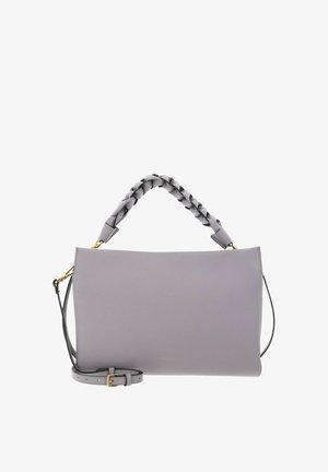 Šedá obdélníková kabelka s pleteným horním držadlem, nastavitelným ramenním popruhem a zlatými kovovými doplňky.