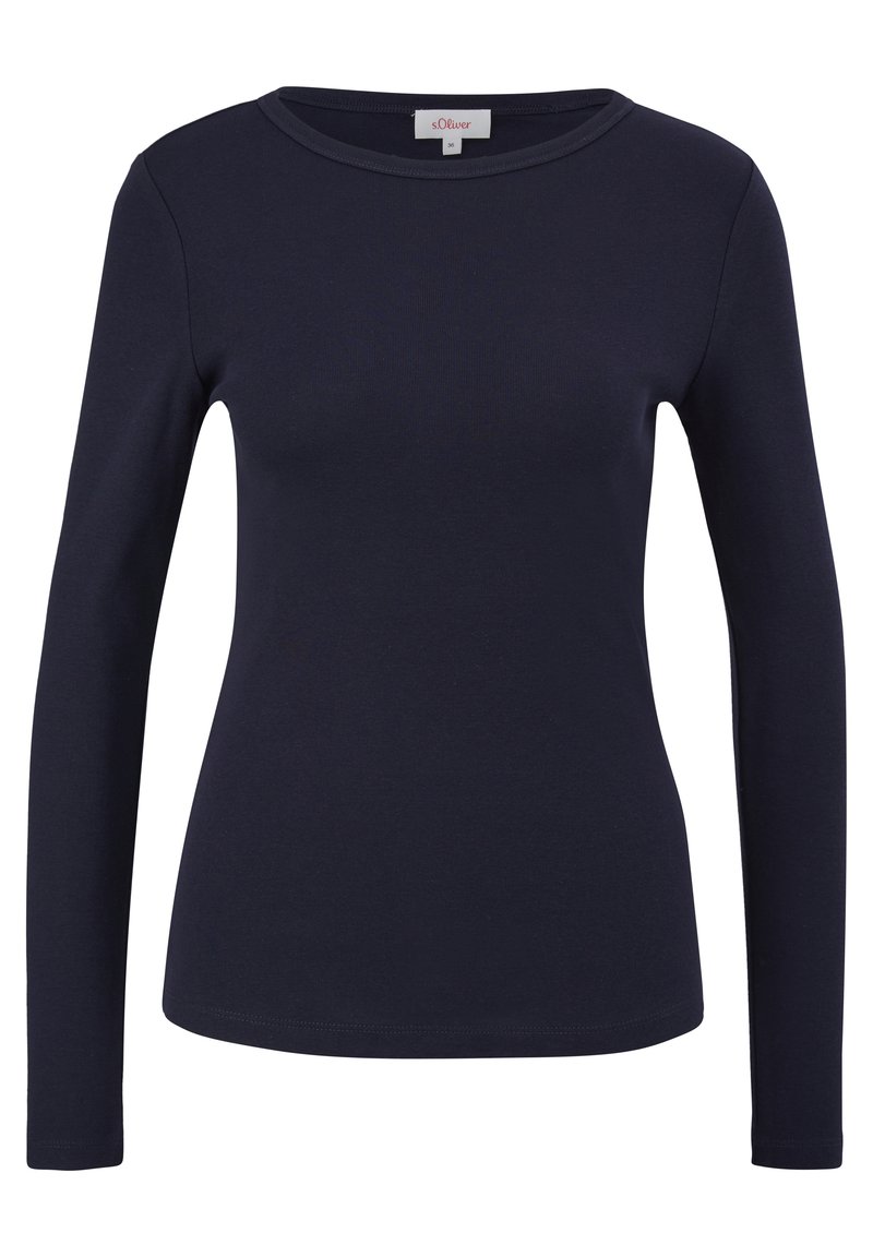 Marineblauwe longsleeve t-shirt gemaakt van zachte, elastische katoen. Heeft een ronde halslijn en een aansluitend ontwerp met een gladde textuur en minimale naden.