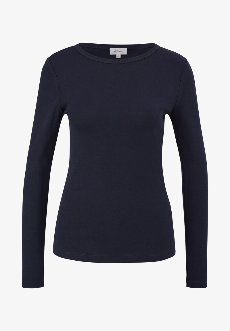Marineblauwe longsleeve t-shirt gemaakt van zachte, elastische katoen. Heeft een ronde halslijn en een aansluitend ontwerp met een gladde textuur en minimale naden.