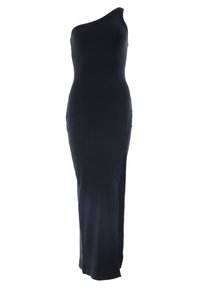 Abito nero aderente a spalla unica realizzato in tessuto a coste, presenta uno spacco laterale, un design elegante e una texture morbida.