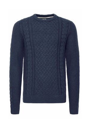 Dark blue knitted sweater featuring cable and textured patterns, round neckline, and ribbed cuffs and hem. Made from soft, durable fabric.