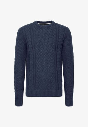 Dark blue knitted sweater featuring cable and textured patterns, round neckline, and ribbed cuffs and hem. Made from soft, durable fabric.