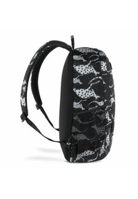 Zaino nero e grigio con un design a motivo camouflage e pois. Presenta spallacci imbottiti e una tasca laterale in rete per riporre oggetti.