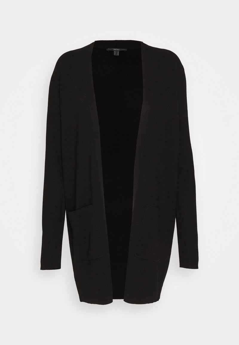 Cardigan noir à ouverture avant, manches longues et deux poches avant, présenté sur un fond clair uni.