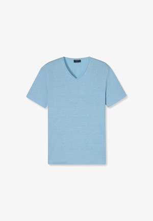 Lichtblauwe V-hals t-shirt gemaakt van gestructureerde katoenen stof; korte mouwen en een relaxte pasvorm; geen zichtbare patronen of accenten.
