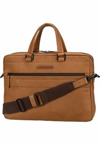 Borsa a tracolla in pelle marrone con finitura testurizzata, doppi manici, una tracolla rimovibile e una tasca frontale con zip. L'hardware è nero.