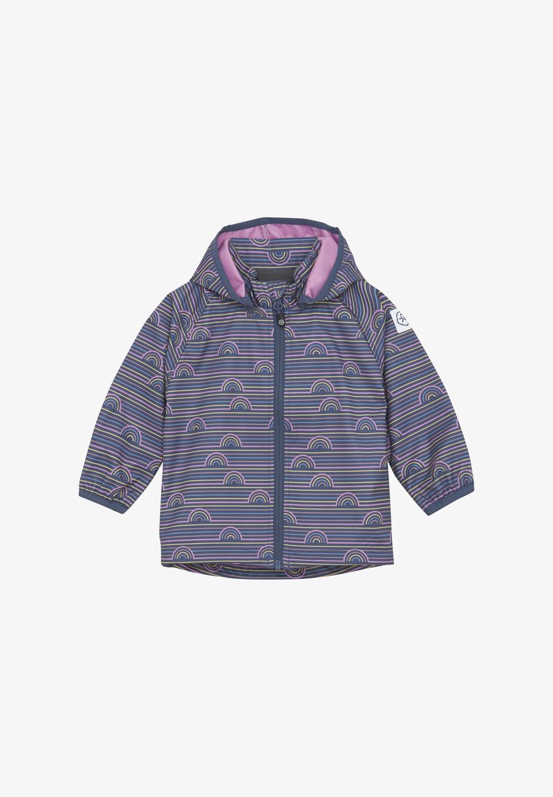 Waterproof jacket with a navy background, featuring multicolored stripes and rainbow patterns. Hooded design and zip closure.