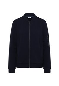 Giacca bomber blu navy con texture a costine, chiusura a zip davanti e tasche laterali. Include una tasca con zip sulla manica e un colletto tondo.