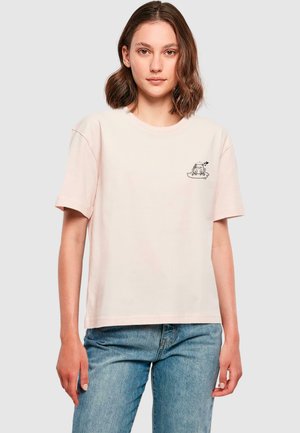Light pink cotton t-shirt with a round neckline and short sleeves; features a small black graphic design on the chest.