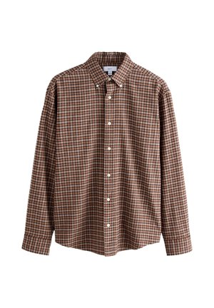 Brown plaid long-sleeve button-up shirt with a button-down collar, white buttons, and a straight hem.