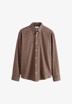 Brown plaid long-sleeve button-up shirt with a button-down collar, white buttons, and a straight hem.