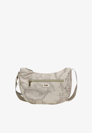 Bolso bandolera beige con estampado de mapa vintage, bolsillo frontal con cremallera y correa ajustable.