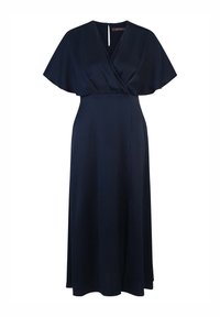 Neckholder-Kleid in Marineblau mit einem Wickelausschnitt, kurzen Schmetterlingsärmeln und einem fließenden Rock. Hergestellt aus strukturiertem Stoff mit einem Reißverschluss auf der Rückseite.