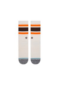 Weiße Socken mit horizontalen Streifen in Orange und Braun, grauen strukturierten Bündchen und einfarbigen blauen Akzenten am Fußende. Weiches, dehnbares Material.