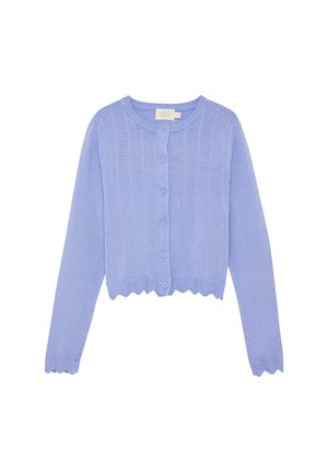 Lyse lilla strikket cardigan med rund halsudskæring, knaplukning og bølget kant. Har et tekstureret mønster på hele stoffet.