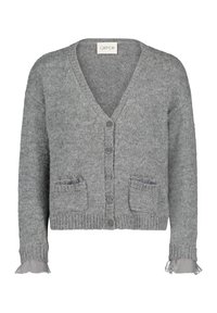 Szary dzianinowy kardigan z dekoltem w serek, zapięciem na guziki, dwoma przednimi kieszeniami i marszczonymi mankietami na rękawach o subtelnej fakturze.