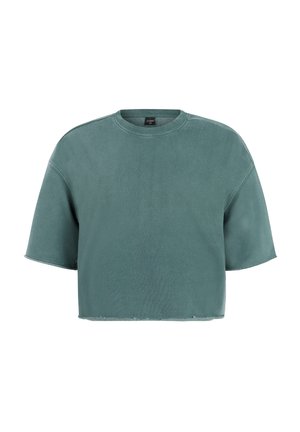 Korte groene sweater met een ronde hals, korte mouwen en een licht rafelige zoom. Gemaakt van zachte, textuurrijke stof.