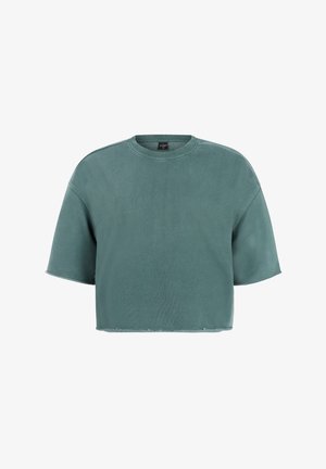 Korte groene sweater met een ronde hals, korte mouwen en een licht rafelige zoom. Gemaakt van zachte, textuurrijke stof.