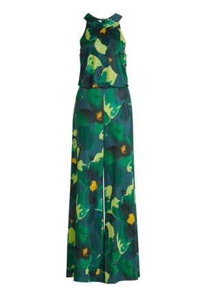 Ärmelloser Jumpsuit mit weitem Bein und hohem Ausschnitt, mit großem grün-gelbem Blumenmuster auf dunkel petrolfarbenem Hintergrund.