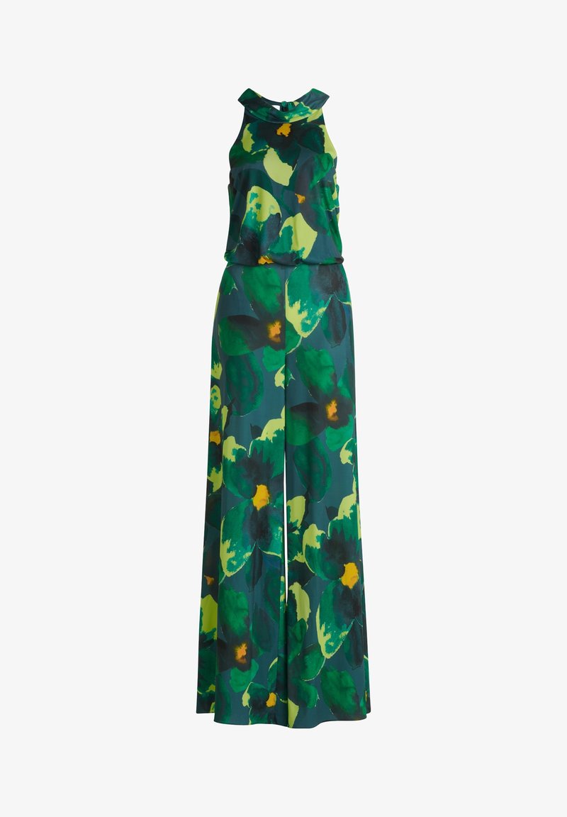 Combinaison sans manches à jambes larges avec un col montant, présentant un grand imprimé floral vert et jaune sur un fond bleu sarcelle foncé.