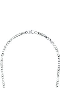 Collar de cadena de plata con eslabones entrelazados, que presenta una textura suave y un cierre de broche seguro. Diseño simple y clásico.
